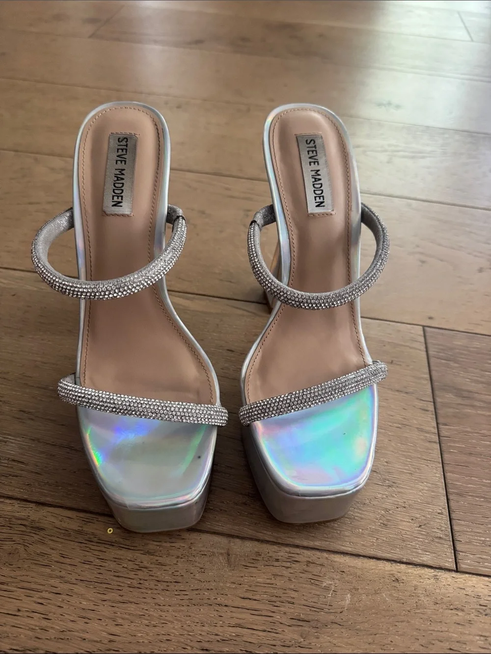 Steve Madden Holographic Silver Crystal-Trim Platform Sandals